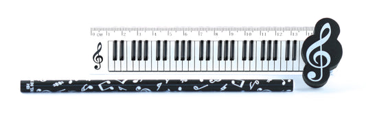 3 item musical stationery pack - HB pencil, ruler & eraser