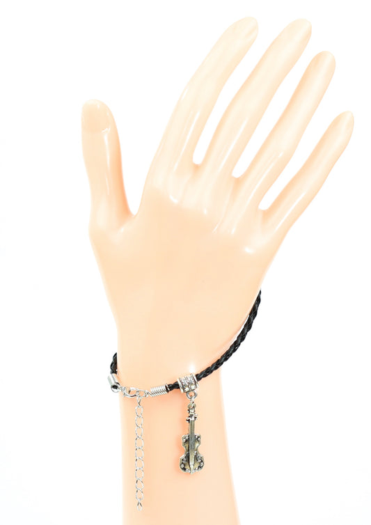 Black braided leather bracelet with violin charm lobster claw clasp