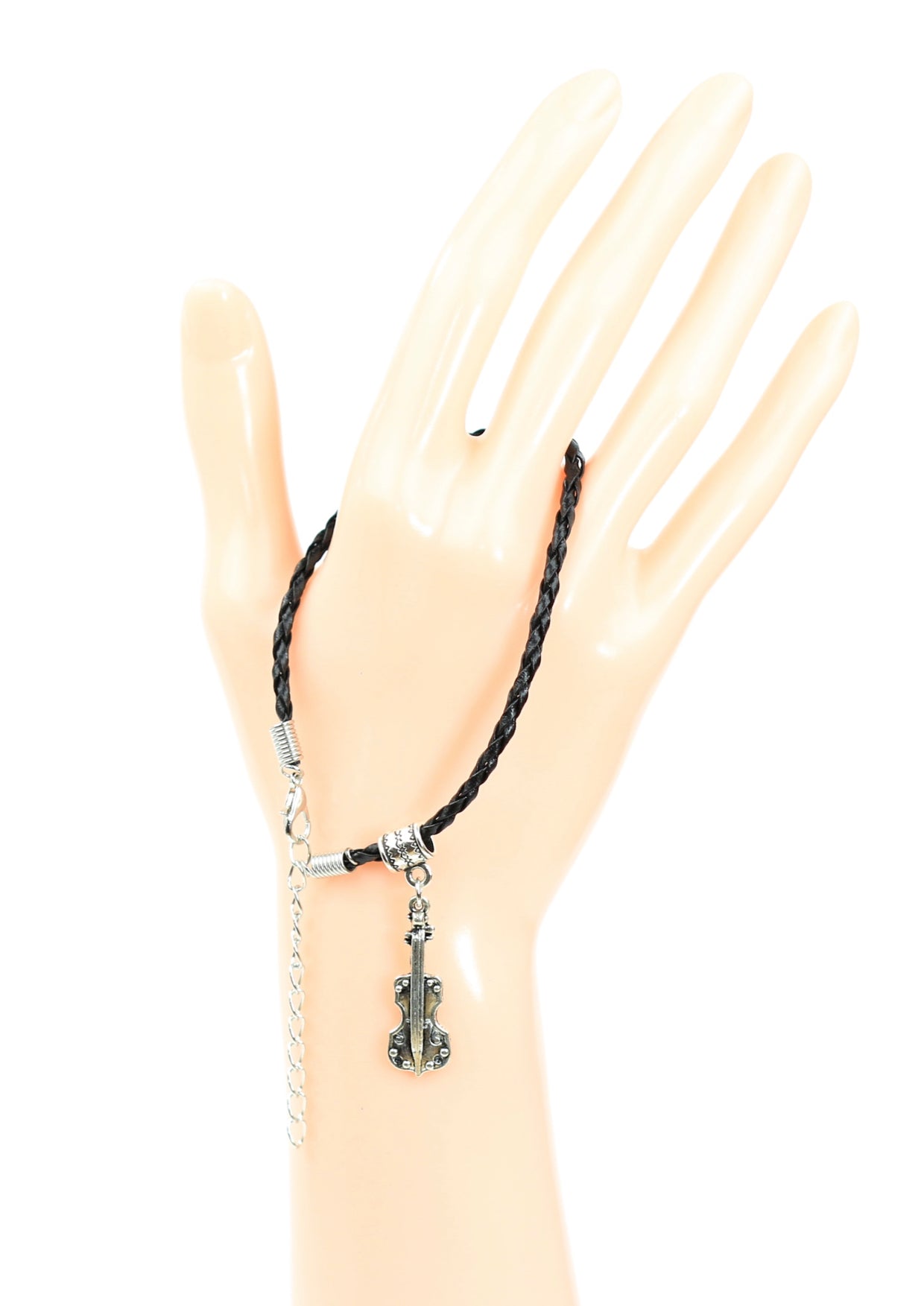 Black braided leather bracelet with violin charm lobster claw clasp