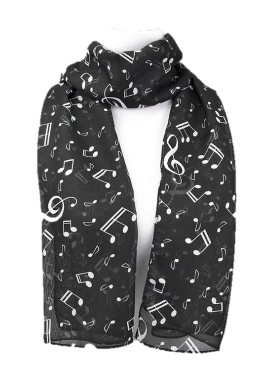 Black musical symbols chiffon neck scarf shawl long rectangle size 47cm X 156cm