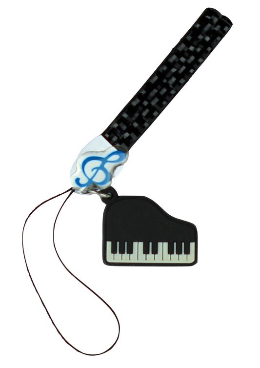 Black crystal bling mobile phone strap with rubber piano instrument charm