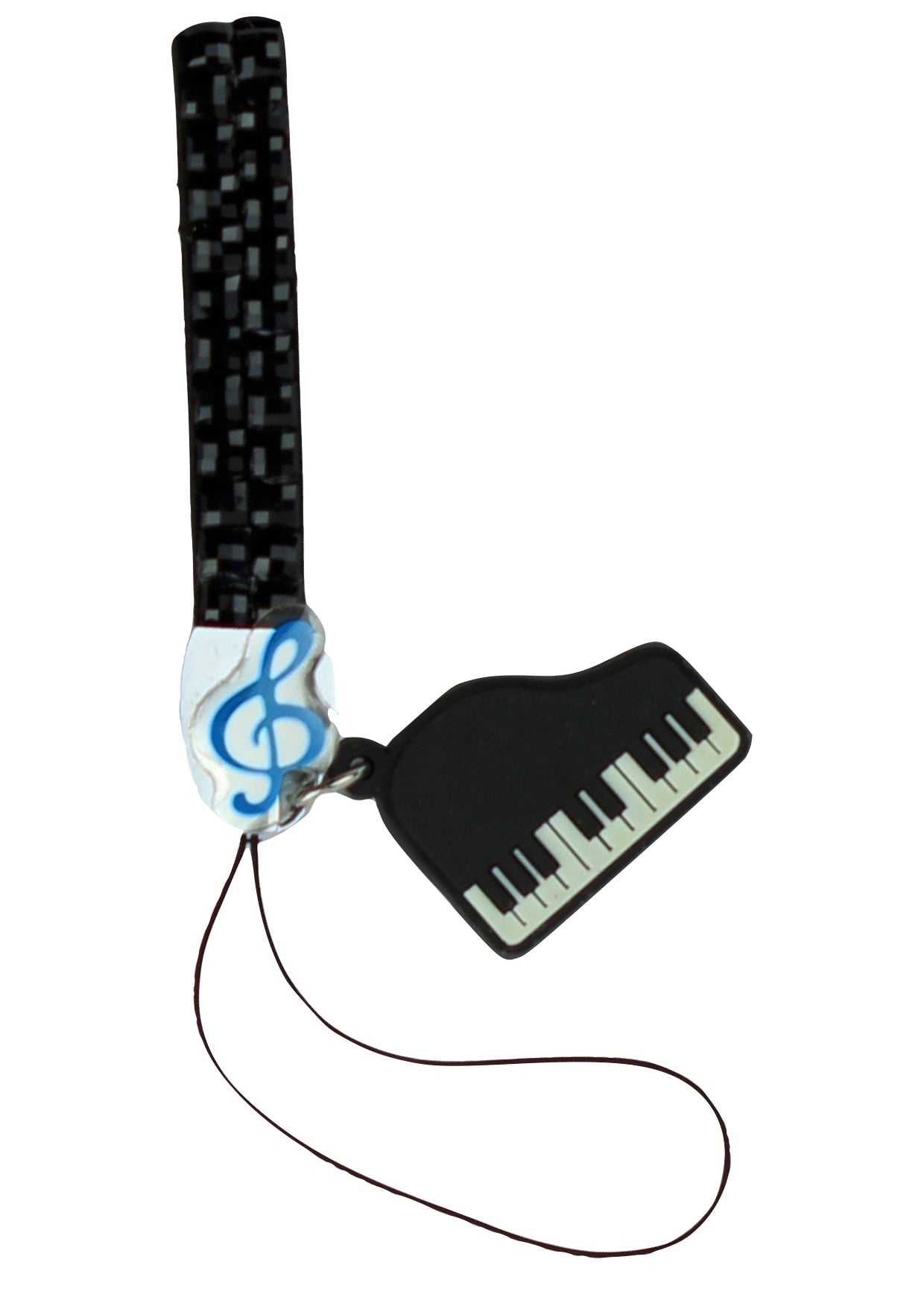 Black crystal bling mobile phone strap with rubber piano instrument charm