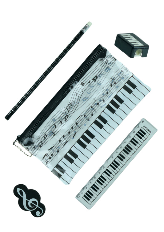 5 piece musical stationery kit pencil case sharpener pencil eraser & ruler