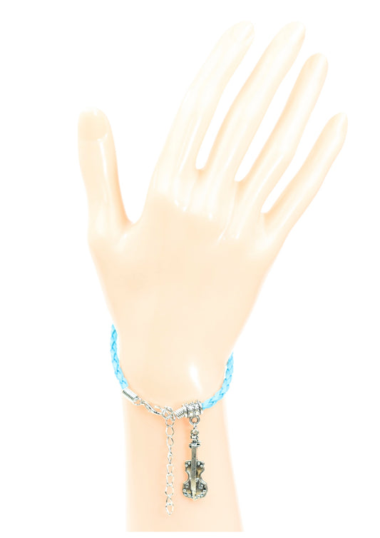 Light blue braided leather bracelet with violin charm & lobster claw clasp