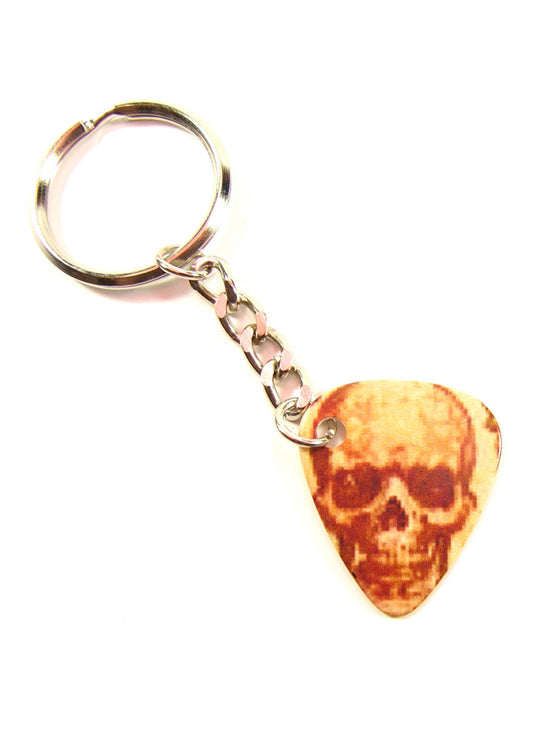 Playable bone skull guitar pick keyring with tough chain links & split ring