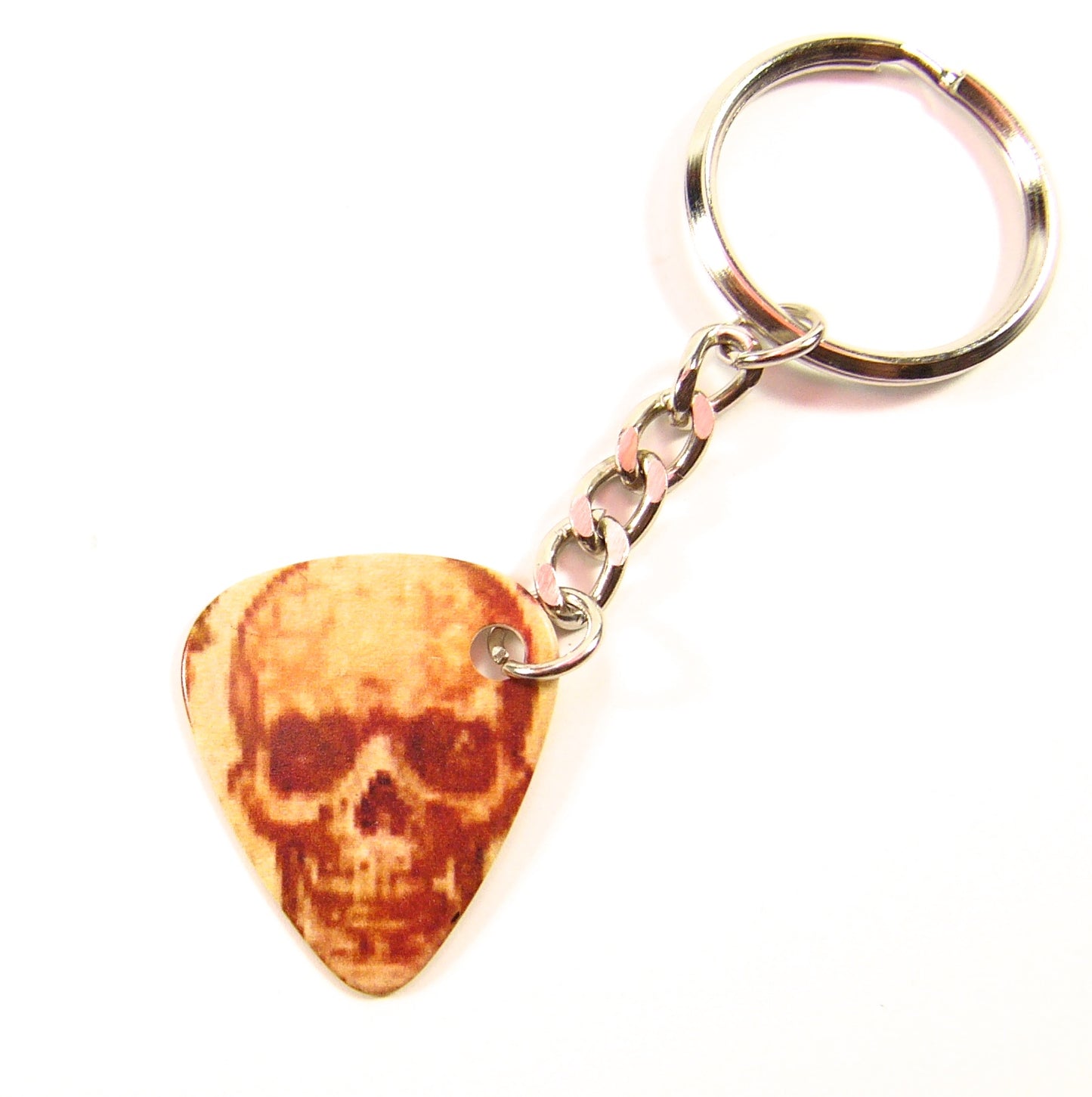Playable bone skull guitar pick keyring with tough chain links & split ring