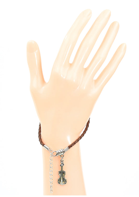 Brown braided leather bracelet with violin charm & lobster claw clasp