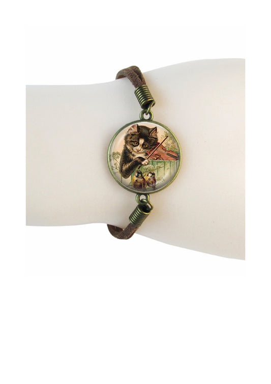 Glass dome cabochon bracelet twin leather bands cat and the fiddle violin design