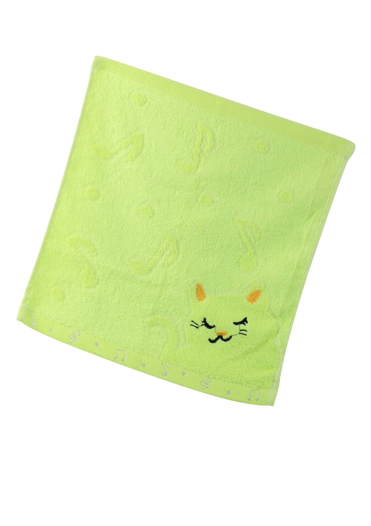 Non-twisted bamboo fibre cat & musical notes overlocked face washer bath towel GREEN