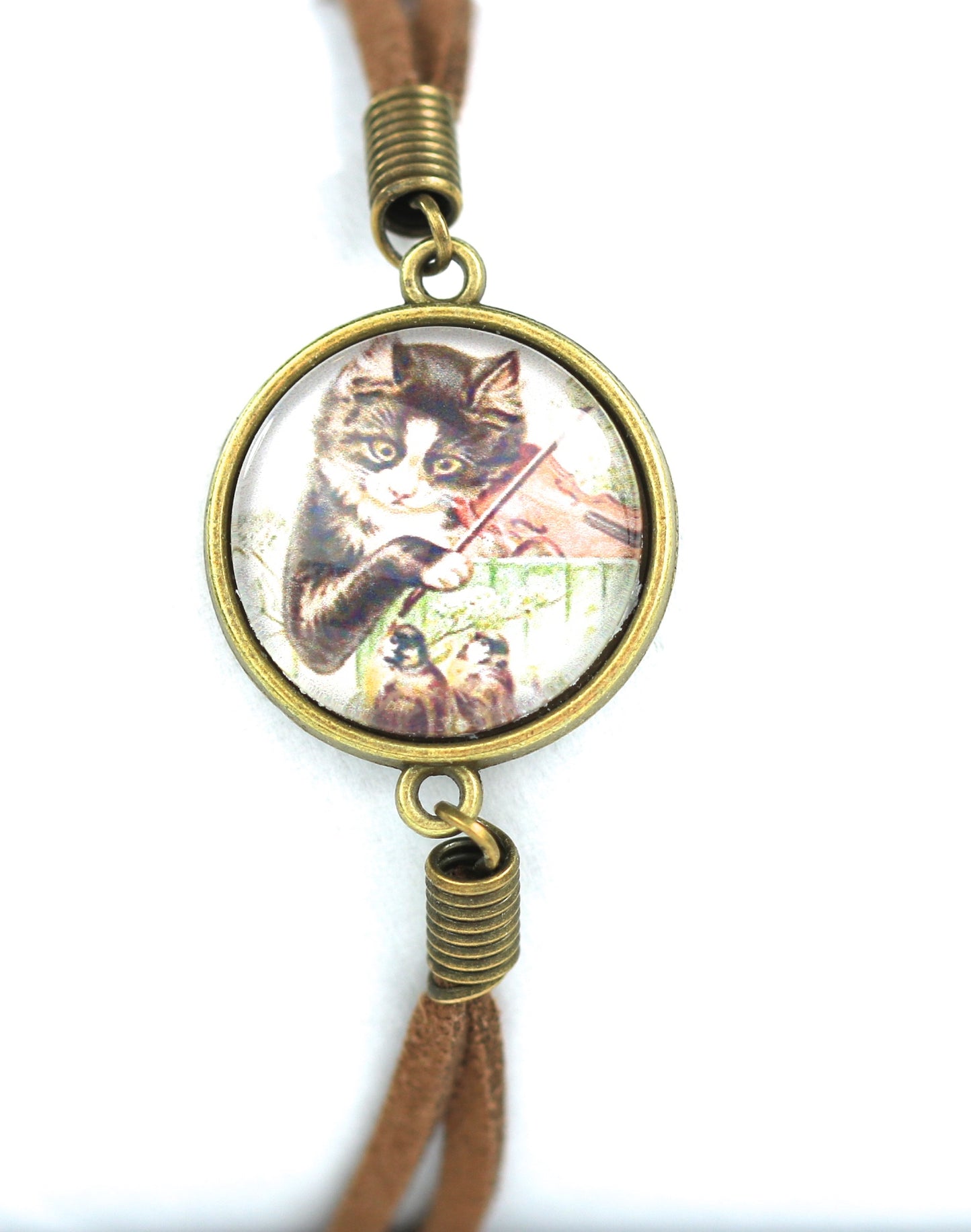 Glass dome cabochon bracelet twin leather bands cat and the fiddle violin design