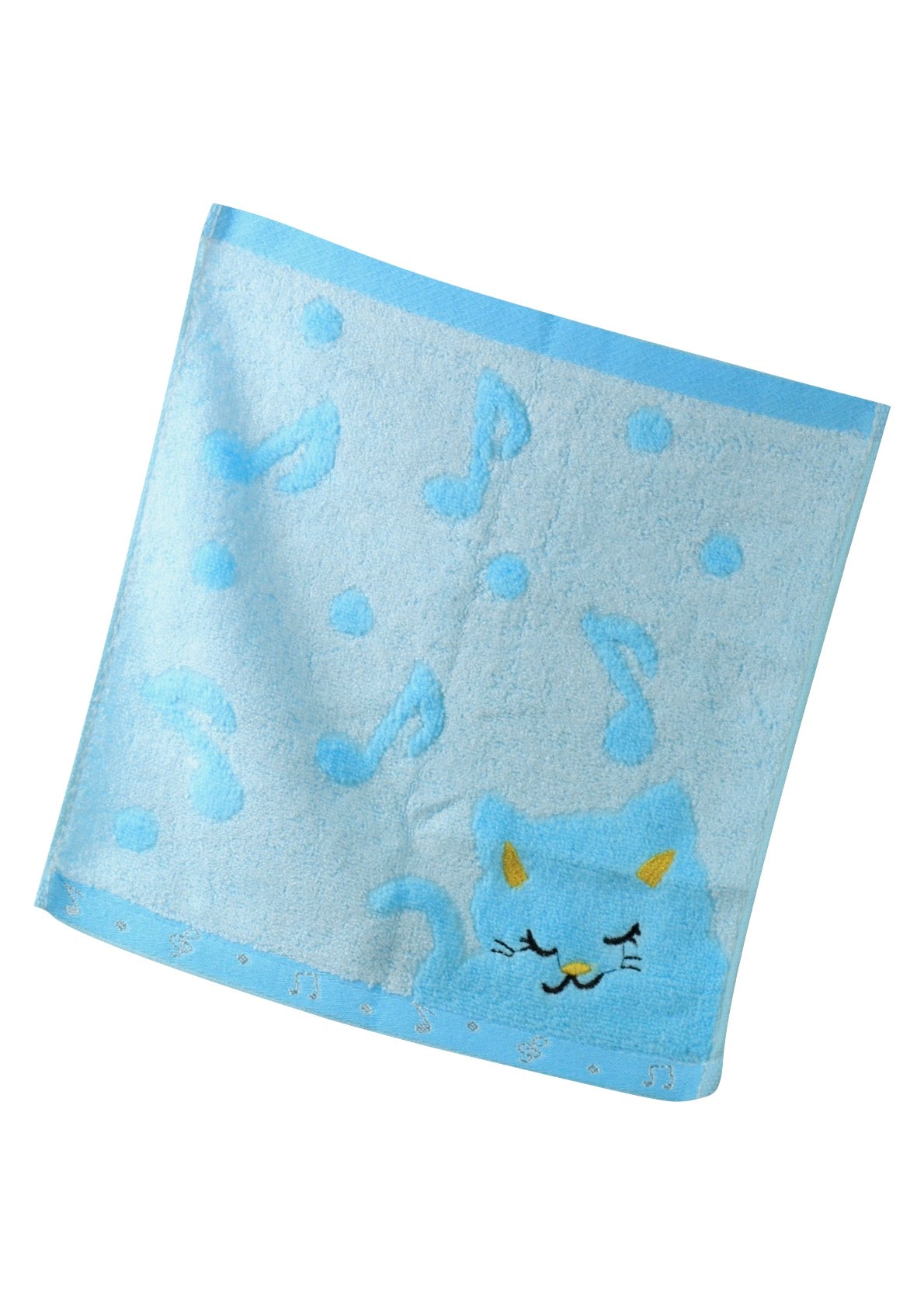 Non-twisted bamboo fibre cat & musical notes overlocked face washer bath towel BLUE