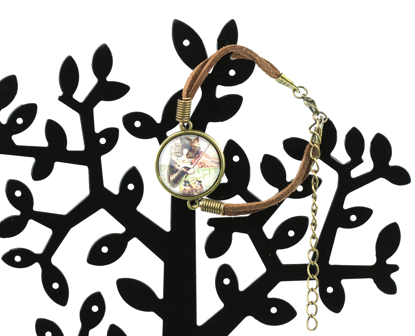 Glass dome cabochon bracelet twin leather bands cat and the fiddle violin design