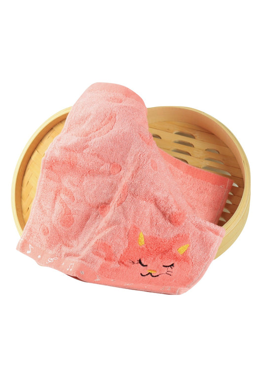Non-twisted bamboo fibre cat & musical notes overlocked face washer bath towel PINK