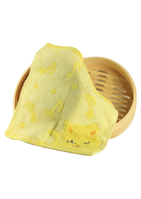 Non-twisted bamboo fibre cat & musical notes overlocked face washer bath towel YELLOW
