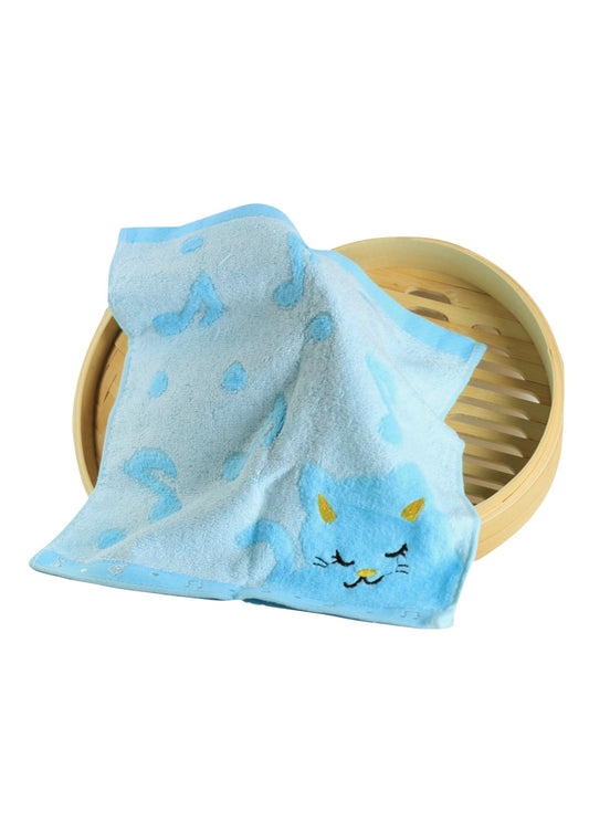 Non-twisted bamboo fibre cat & musical notes overlocked face washer bath towel BLUE
