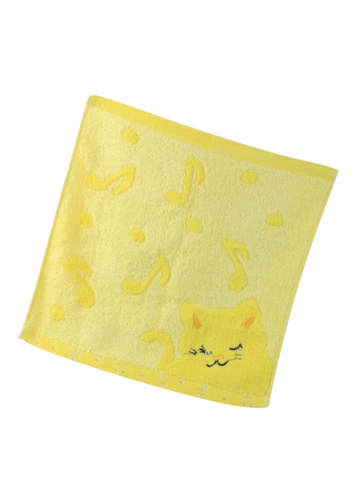 Non-twisted bamboo fibre cat & musical notes overlocked face washer bath towel YELLOW