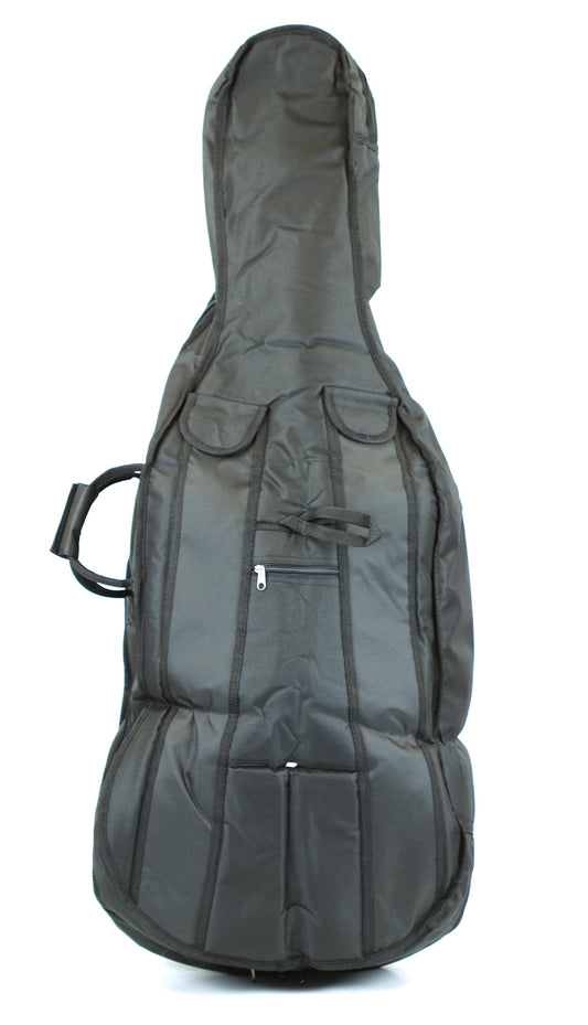 Quality black 4/4 size padded cello bag case - back straps & 2 bow holders