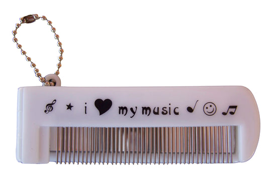 Foldable music print metal tooth comb with glass mirror and ball chain keyring.
