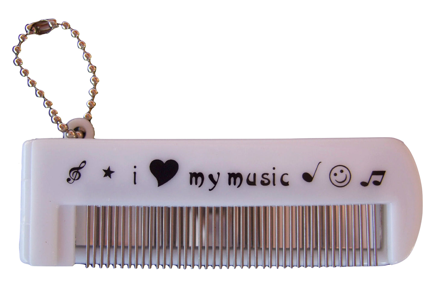 Foldable music print metal tooth comb with glass mirror and ball chain keyring.