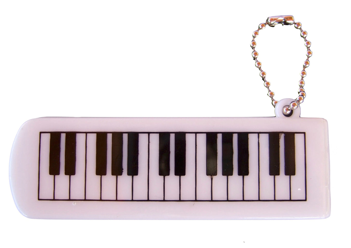 Foldable music print metal tooth comb with glass mirror and ball chain keyring.