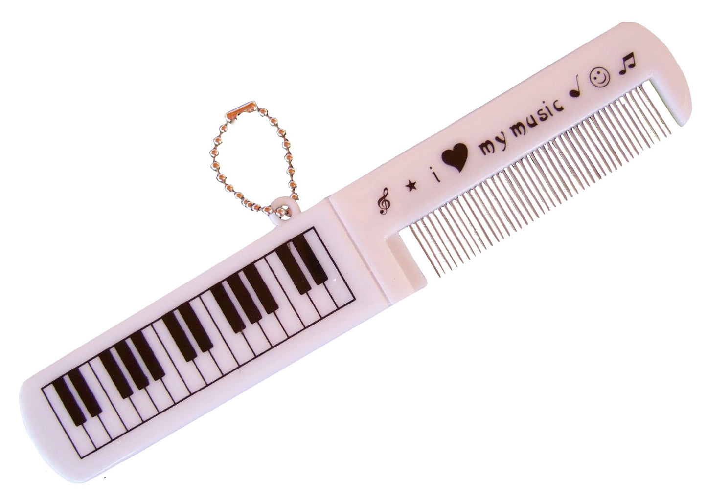 Foldable music print metal tooth comb with glass mirror and ball chain keyring.