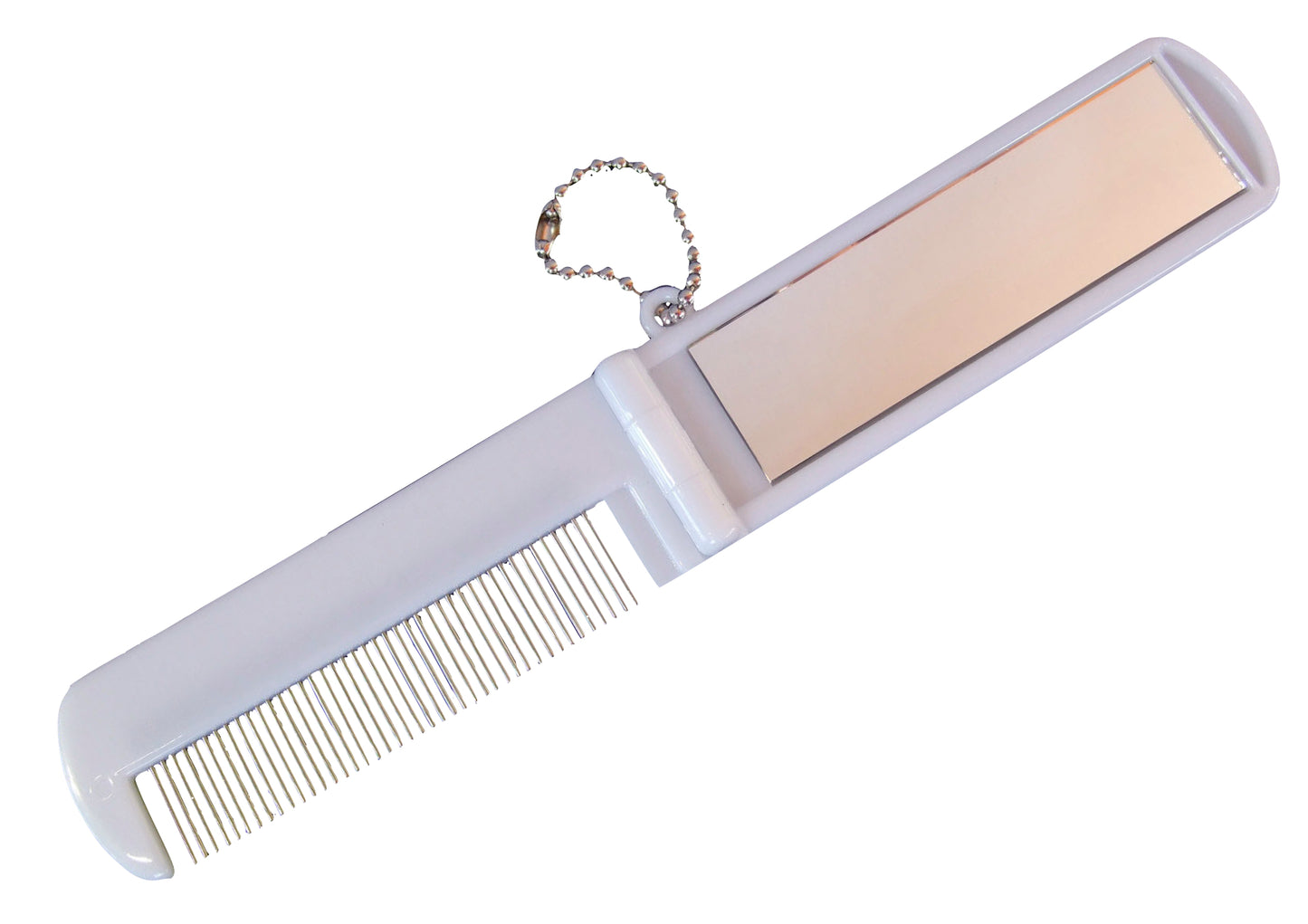 Foldable music print metal tooth comb with glass mirror and ball chain keyring.