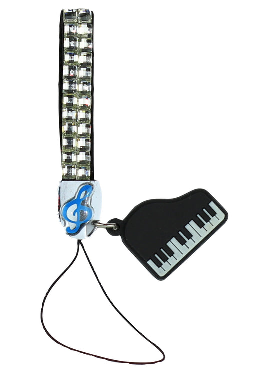 Clear crystal bling mobile phone strap with rubber piano instrument charm