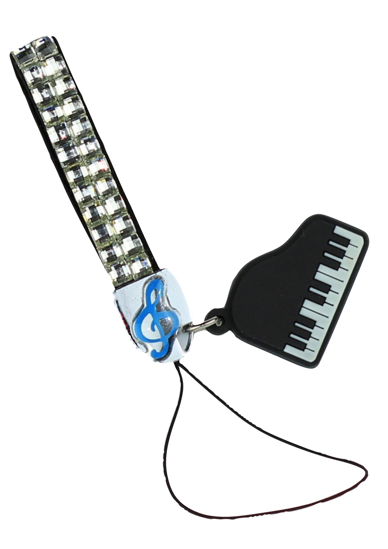 Clear crystal bling mobile phone strap with rubber piano instrument charm