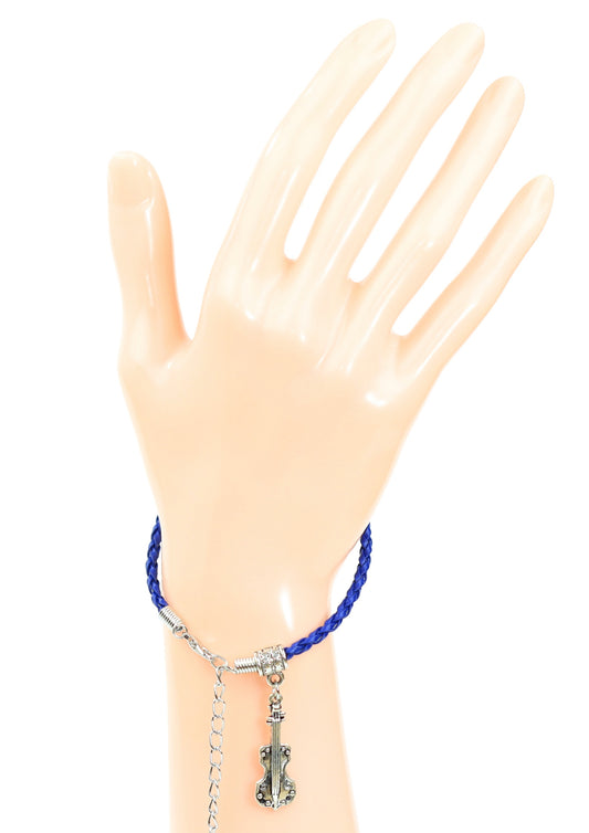 Dark blue braided leather bracelet with violin charm & lobster claw clasp