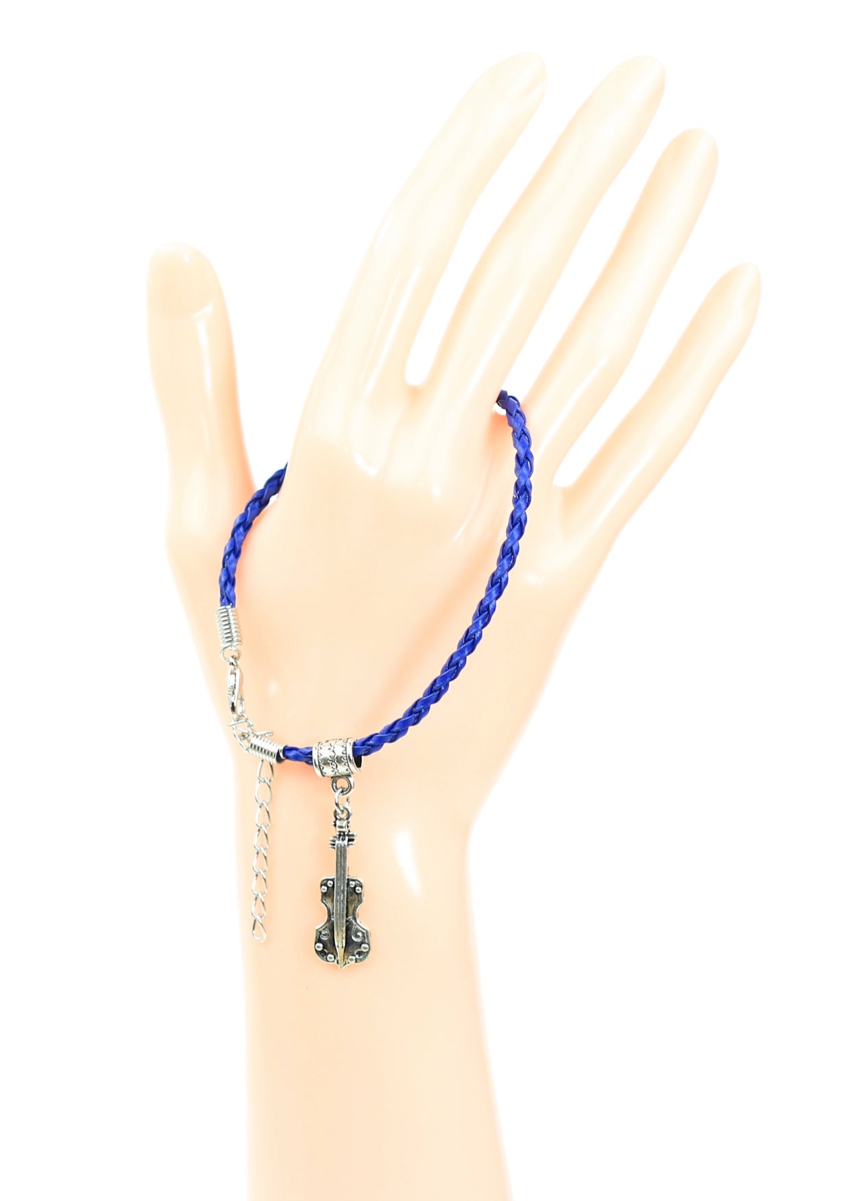 Dark blue braided leather bracelet with violin charm & lobster claw clasp