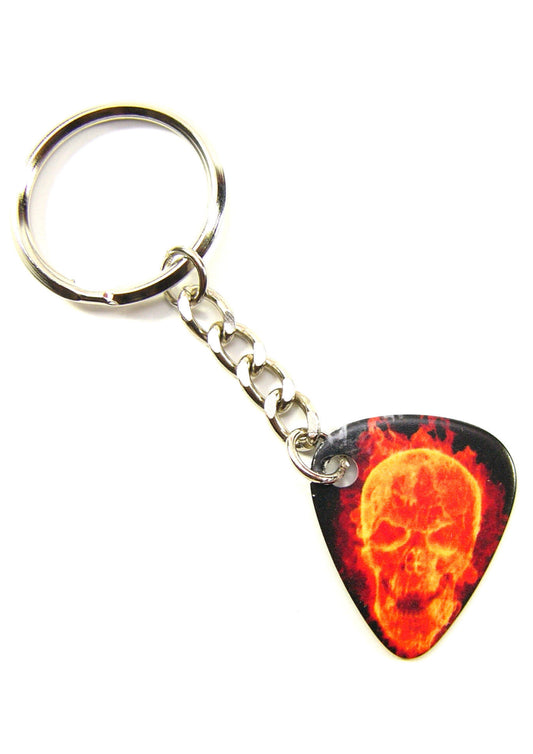 Playable orange fire skull guitar pick keyring with tough links & split ring