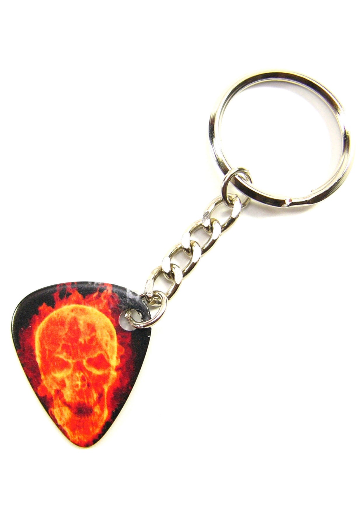 Playable orange fire skull guitar pick keyring with tough links & split ring