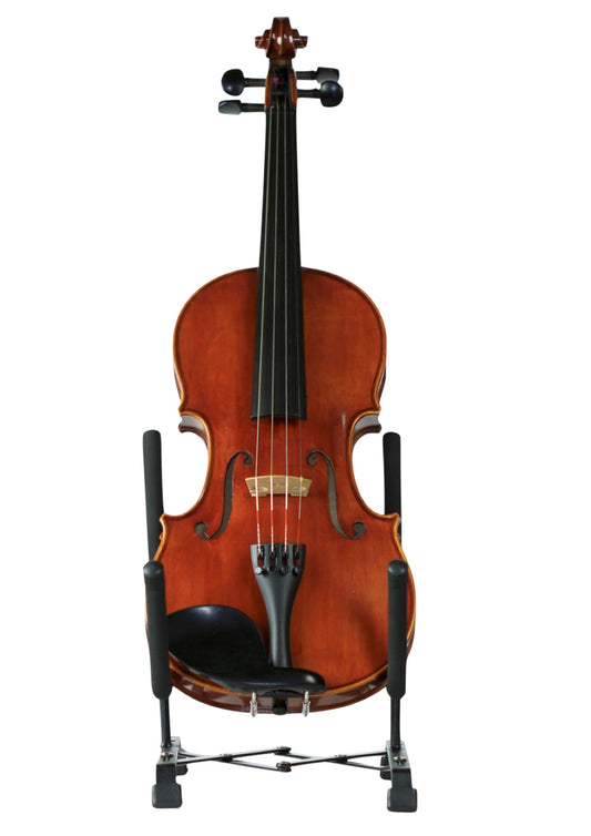 Black metal violin viola display stand expandable to all sizes