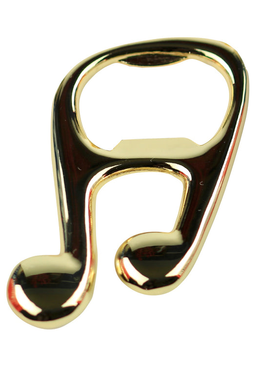 Gold finish music quavers bottle opener in golden drawstring pouch