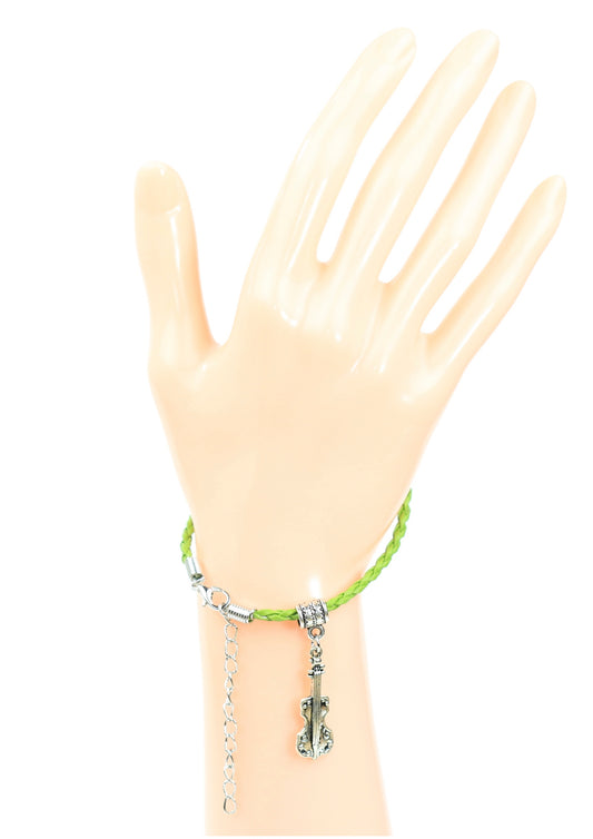 Green braided leather bracelet with violin charm lobster claw clasp