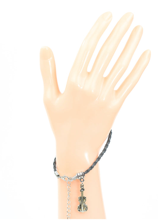 Grey braided leather bracelet with violin charm & lobster claw clasp