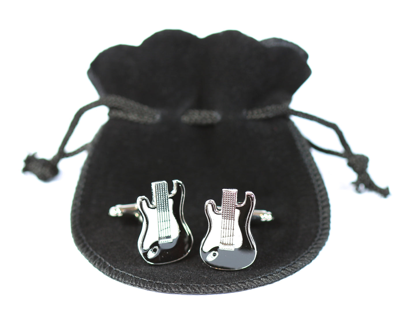 Set of 2 metal swivel bar electric guitar cufflinks in black velour gift pouch