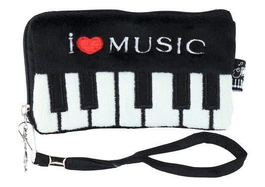 Soft fluffy “I Love Music” keyboard emroidered mini bag purse with carry strap.