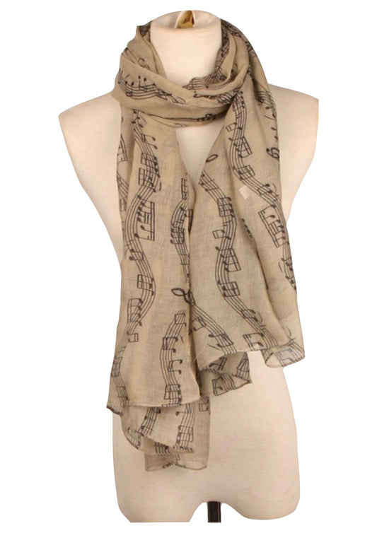 Khaki musical symbols quality viscose rectangle neck scarf shawl 182cm X 82cm