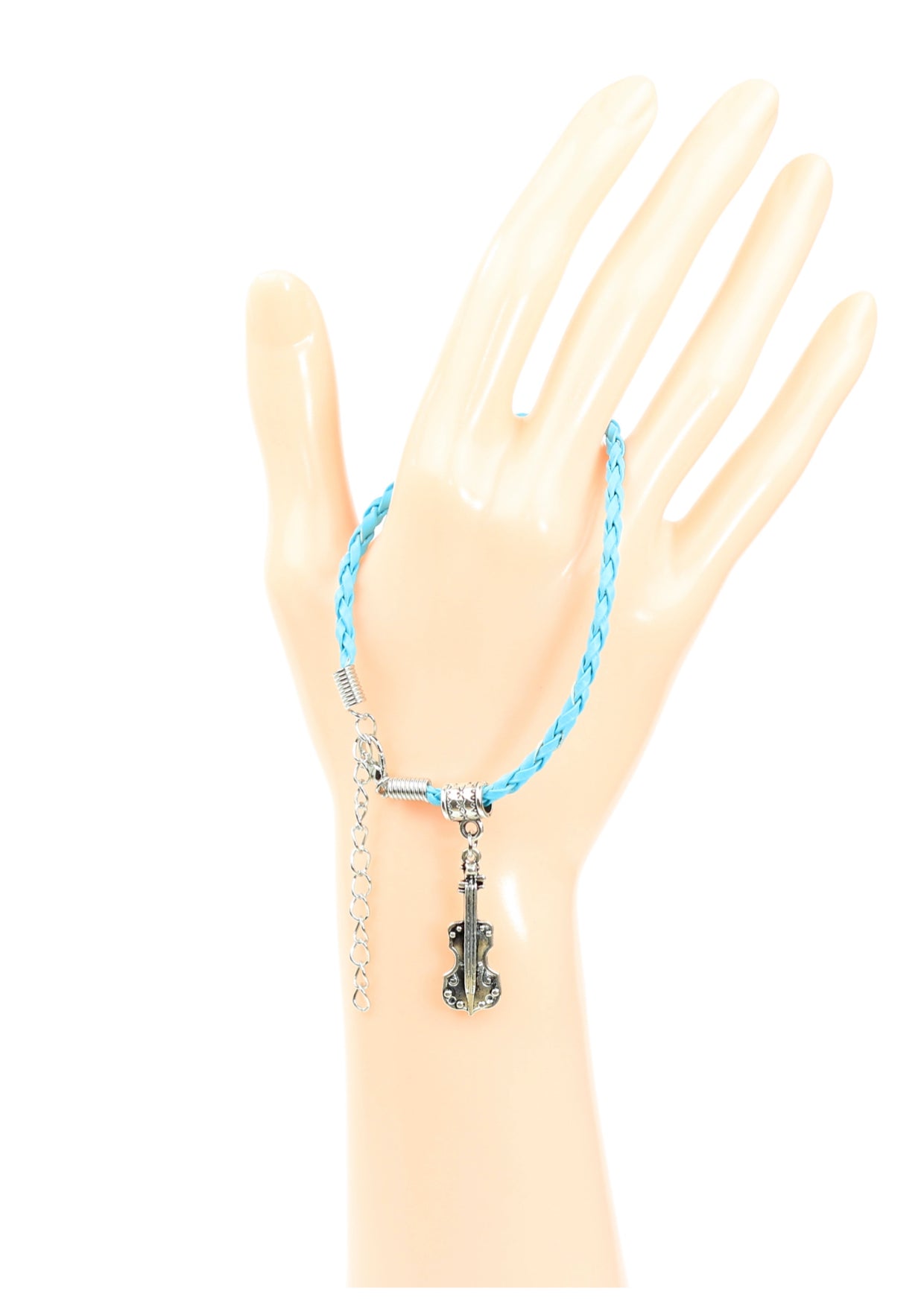Light blue braided leather bracelet with violin charm & lobster claw clasp