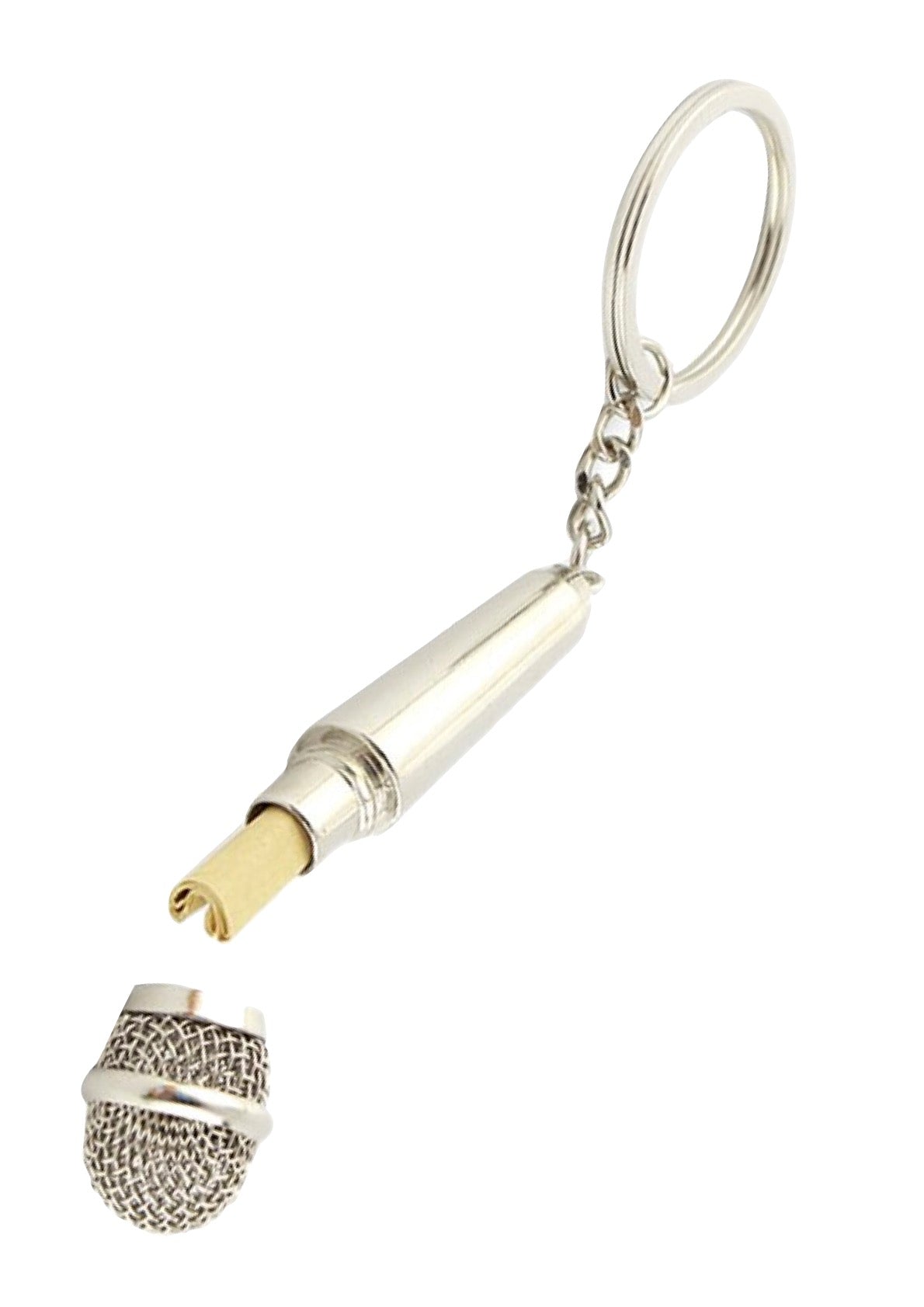 Metal microphone keychain trinket screwable grille chrome finish