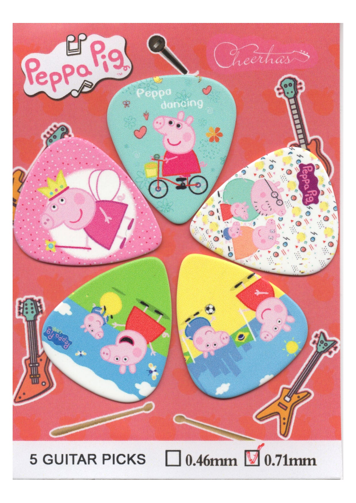 5 pack Peppa Pick themed Novelty guitar picks/plectrums .71mm thick