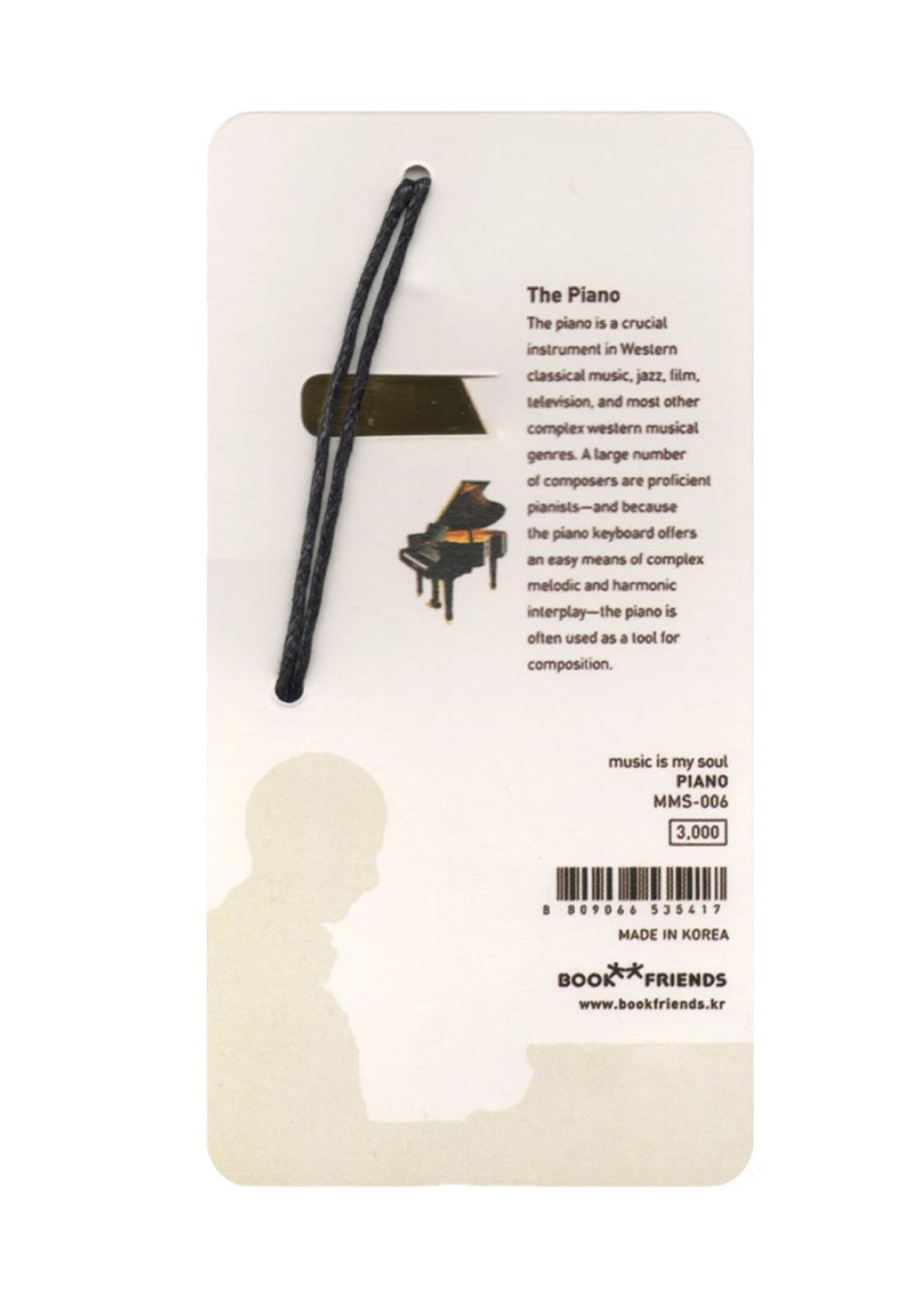 Polished gold metal piano bookmark with black tassel cord