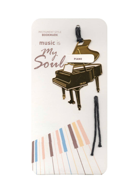 Polished gold metal piano bookmark with black tassel cord