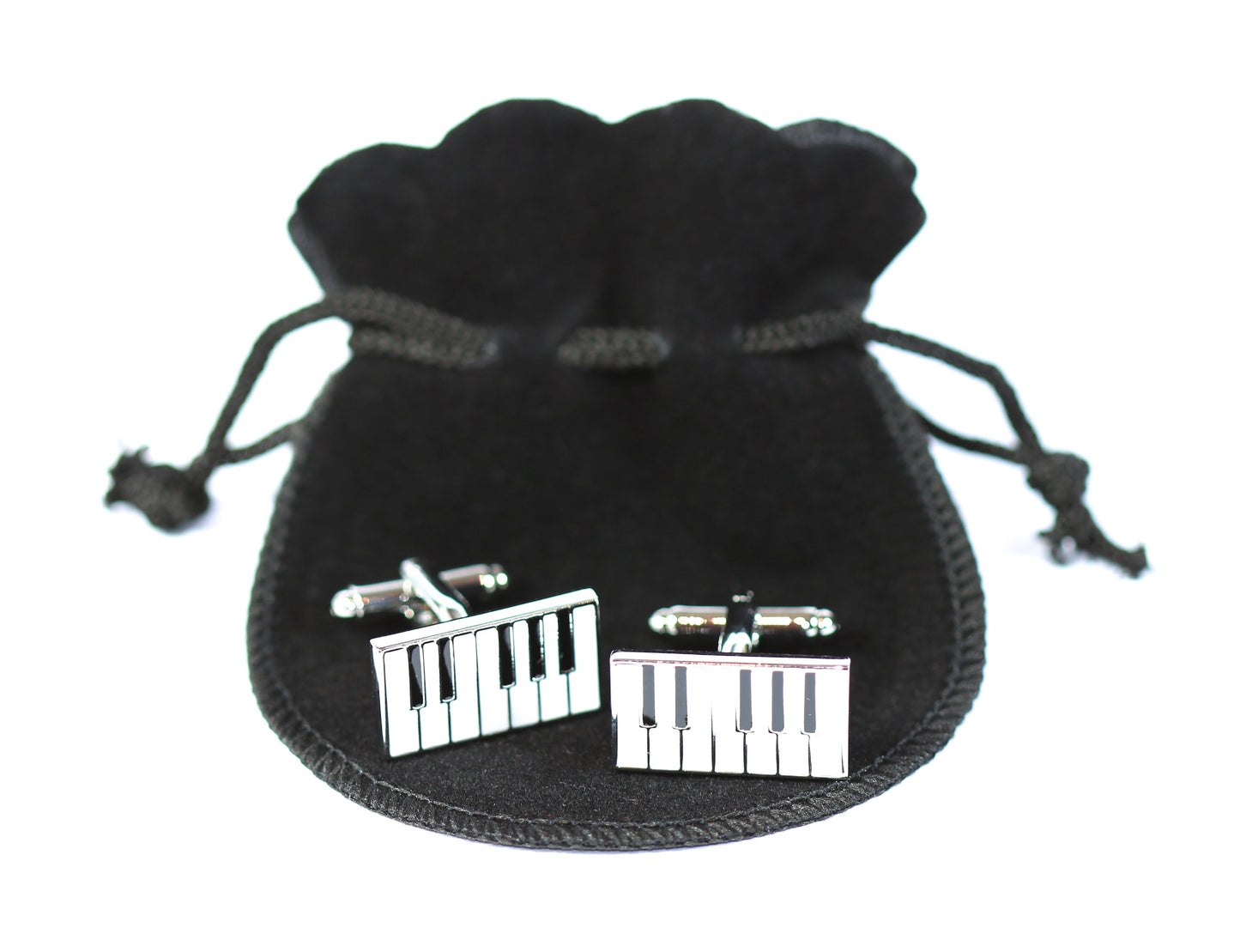 Set of 2 metal swivel barrel piano keyboard cufflinks in black velour gift pouch