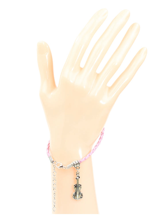 Pink braided leather bracelet with violin charm & lobster claw clasp