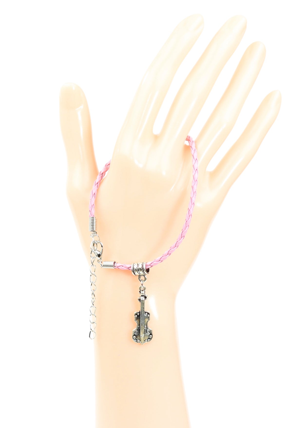 Pink braided leather bracelet with violin charm & lobster claw clasp
