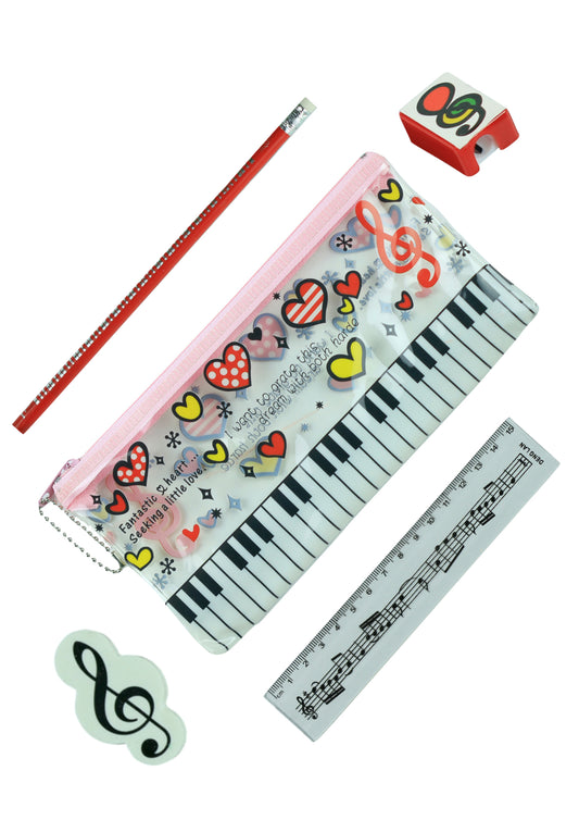 5 piece musical stationery pack- pencil case sharpener eraser ruler & pencil