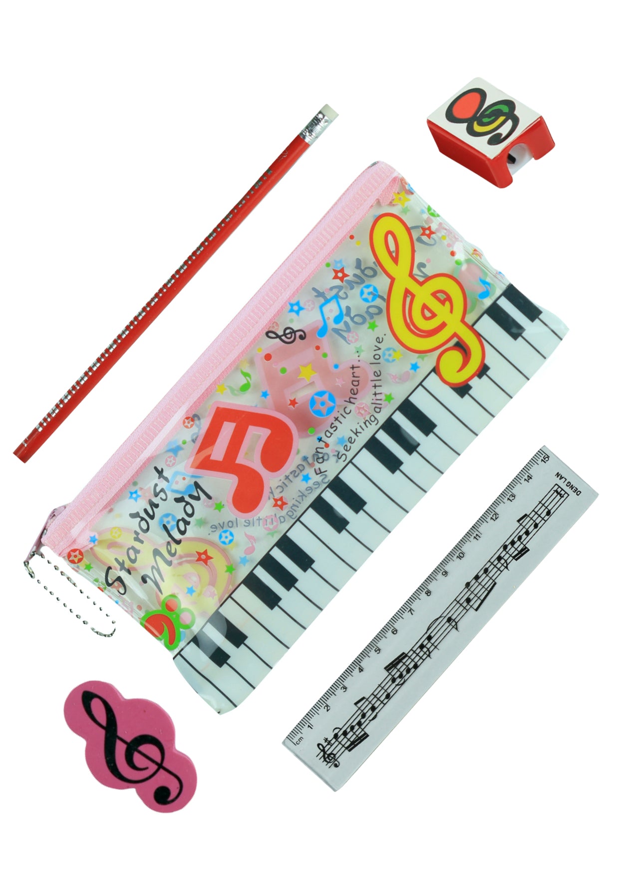5 piece musical stationery set - pencil case, sharpener, pencil, eraser & ruler