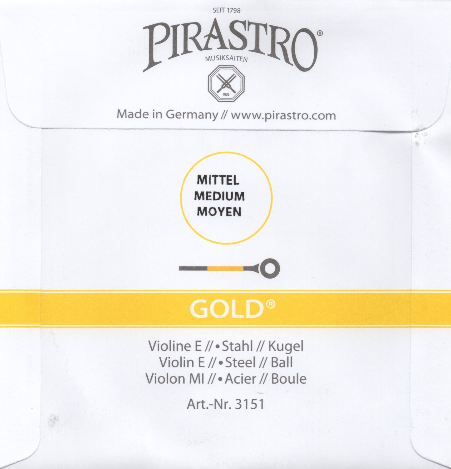 Pirastro Wondertone GOLD Violin steel E String 4/4 size BALL end medium gauge